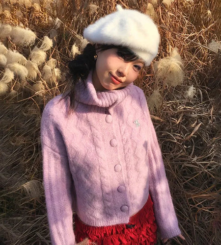 Japanese Y2k Turtleneck Cardigans Vintage Korean Style Knitted Sweater 2000s Aesthetics Pink Winter Knitwear Harajuku