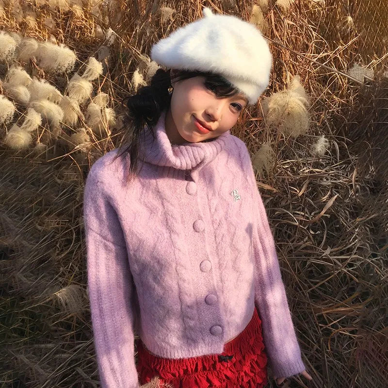Japanese Y2k Turtleneck Cardigans Vintage Korean Style Knitted Sweater 2000s Aesthetics Pink Winter Knitwear Harajuku