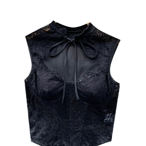 Load image into Gallery viewer, New Chinese Style Vintage Women Black Lace Elegant Sleeveless Tops Summer Sexy Club Vacation Asymmetric Bandage Vest Clothing
