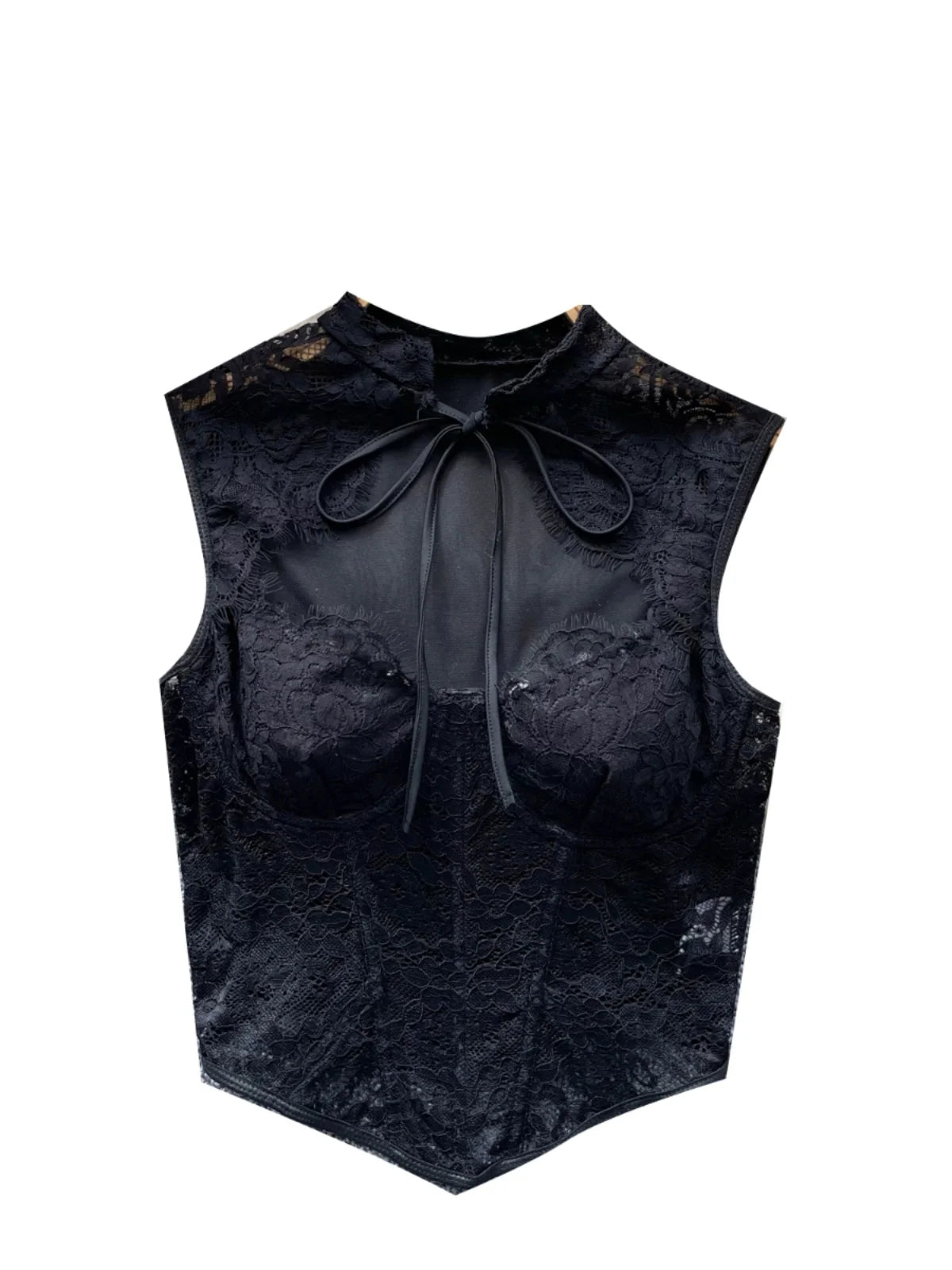 New Chinese Style Vintage Women Black Lace Elegant Sleeveless Tops Summer Sexy Club Vacation Asymmetric Bandage Vest Clothing