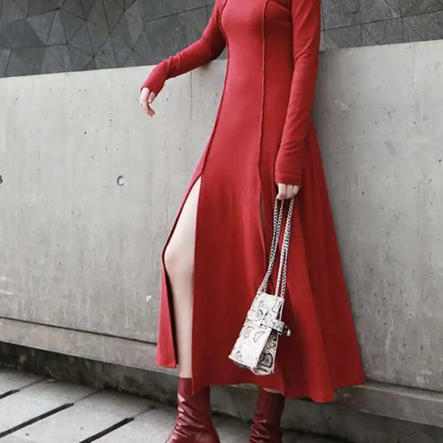 Load image into Gallery viewer, Women Red Hem Slit Long Irregular Dress New Turtleneck Long Sleeve Loose Fit Fashion Tide Spring Autumn 2025 1DF4817
