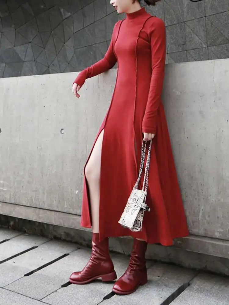 Women Red Hem Slit Long Irregular Dress New Turtleneck Long Sleeve Loose Fit Fashion Tide Spring Autumn 2025 1DF4817