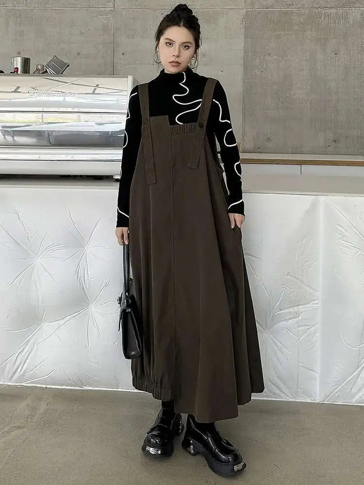 Women Coffee Irregular Spliced Big Size Strap Dress New Square Collar Sleeveless Fashion Tide Spring Autumn 2025 1DJ0050