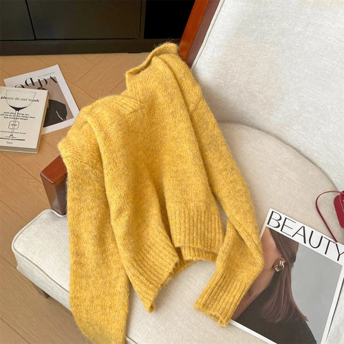 Load image into Gallery viewer, Korean Style Autumn Winter Yellow Elegant Long Sleeves Knit Cotton Sweater Women's Lapel Pullover Short Tops Popular Simplicity
