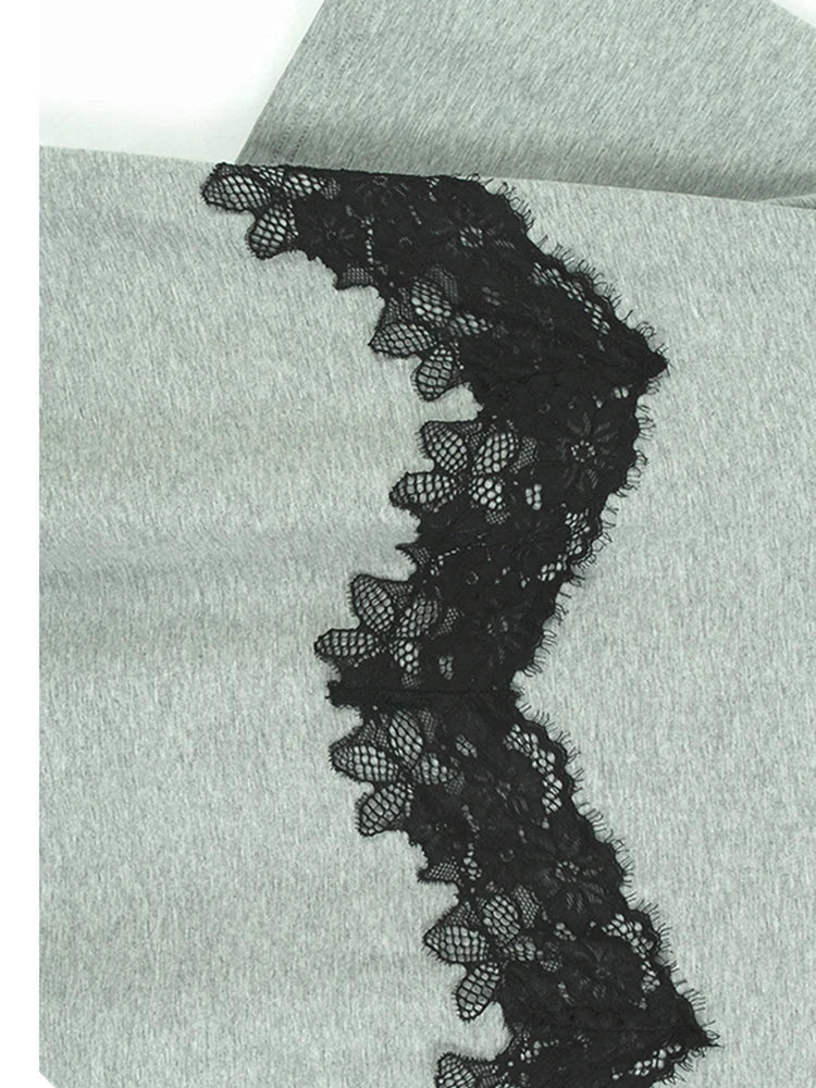 Women Gray Lace Color-block Big Size Midi Dress New Round Neck Short Sleeve Fashion Tide Spring Summer 2025 1DJ0921