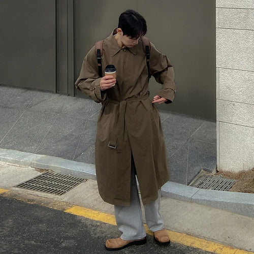 Load image into Gallery viewer, Korean Style Men&#39;s Windbreaker Turn-down Collar Casaul Lace-up Overknee Single Breasted Solid Color Male Long Trench 9C7632

