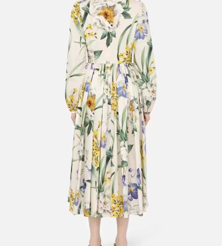 Vintage Print Floral Dress For Women Round Neck Lantern Sleeve High Waist Loose Midi Dresses Female Spring Fashion Clothing