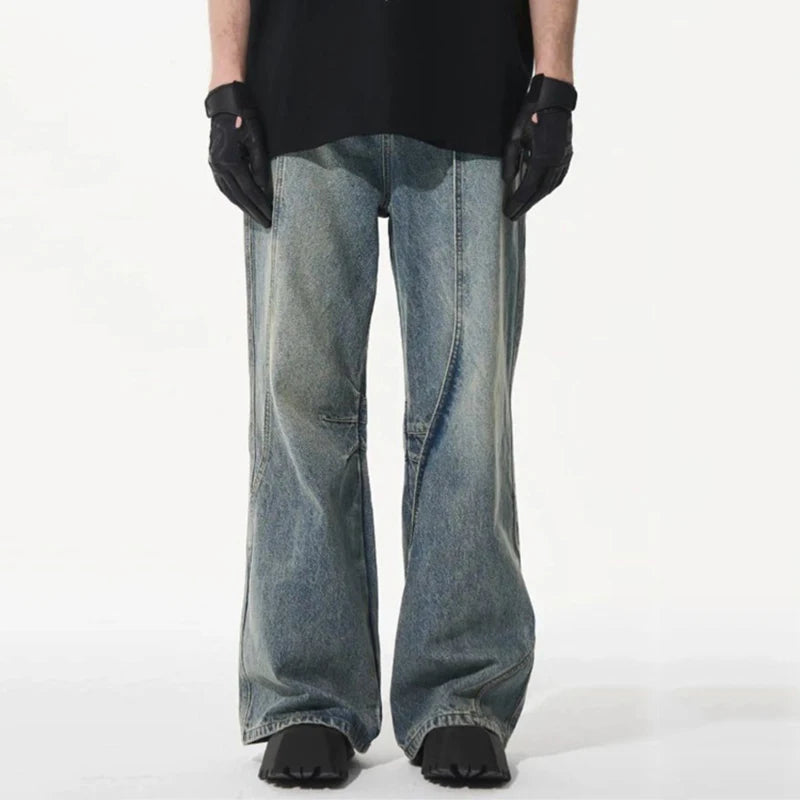 Wide Leg Men Jeans Reverse Deconstruction Design Chic Washed Loose Denim Pants High Street Men's Clothing 9C6621