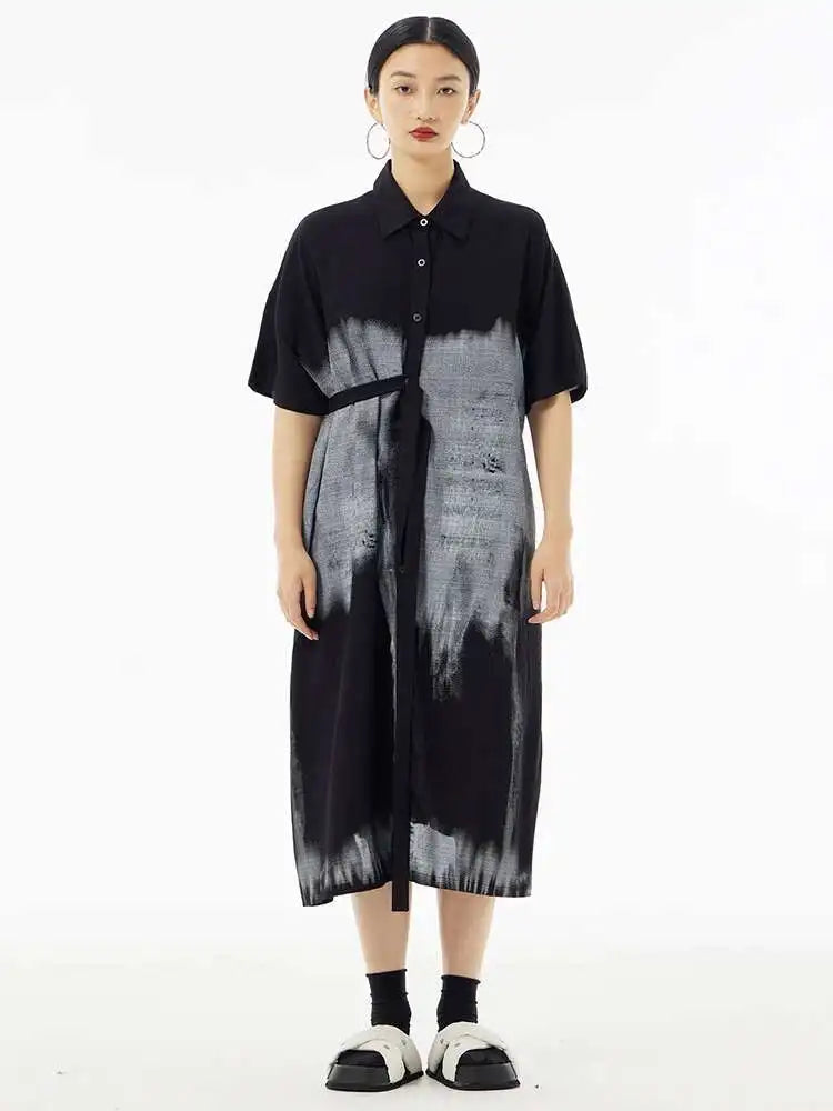 Women Green Pattern Printed Belted Big Size Shirt Dress New Lapel Short Sleeve Fashion Tide Spring Summer 2025  1DH5759