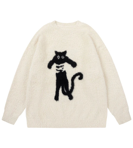 Loose Men's Sweater Spring New Cat Printing Mohair Round Neck Pullover Sweaters Trendy American Style Clothing 9W1466