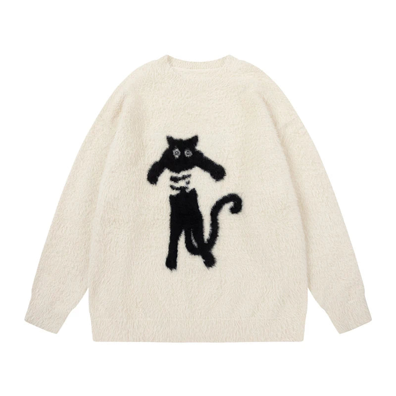 Loose Men's Sweater Spring New Cat Printing Mohair Round Neck Pullover Sweaters Trendy American Style Clothing 9W1466