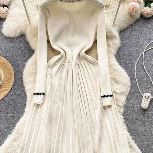 Load image into Gallery viewer, Beige Patchwork Knit Sweater Long Dress Woman Clothes Casual Autumn Winter Korean Slim Long Sleeve Elegant Black Pleated Dresses

