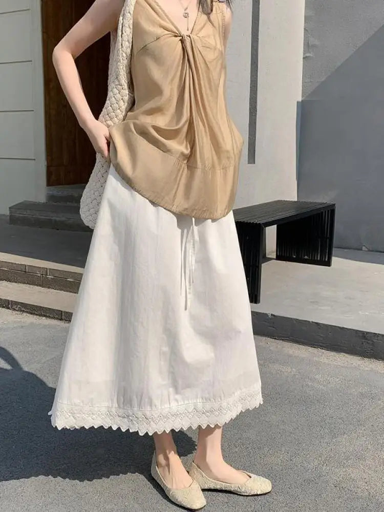 French Black White Patchwork Lace High Waist Vacation Pleated Long Skirt Spring Summe Women Retro Elegant Drawstring Party Skirt