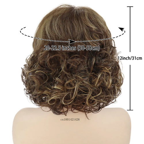 Load image into Gallery viewer, Curly Wig with Bangs Synthetic Hair Short Wigs for White Women Mix Brown Highlight Blonde Layered Haircut Mommy Wig Casual Style
