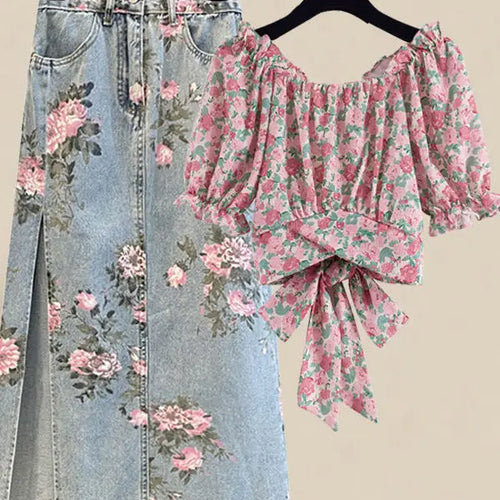Load image into Gallery viewer, Women Summer Sweet Pink Print Skirts Two Pieces Set Korean Puff Sleeve Bandage Floral Top And Side Split Retro Denim Skirts Sets
