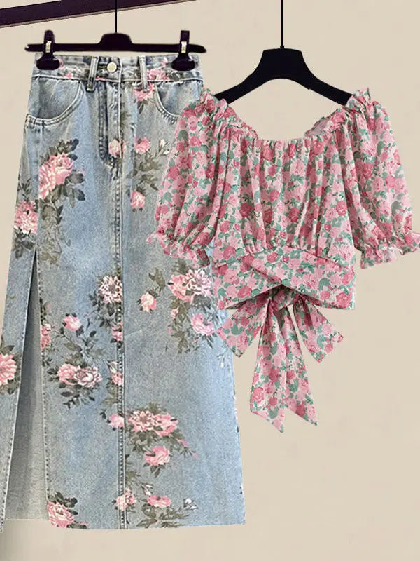 Women Summer Sweet Pink Print Skirts Two Pieces Set Korean Puff Sleeve Bandage Floral Top And Side Split Retro Denim Skirts Sets