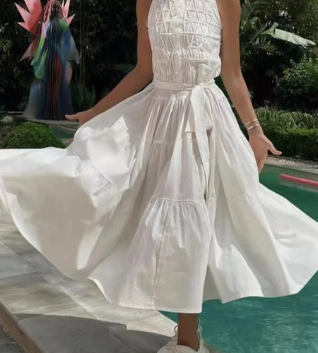 Casual Summer Pullover Dress For Women Round Neck Sleeveless High Waist Patchwork Bowknot Solid Midi Dresses Female Clothing