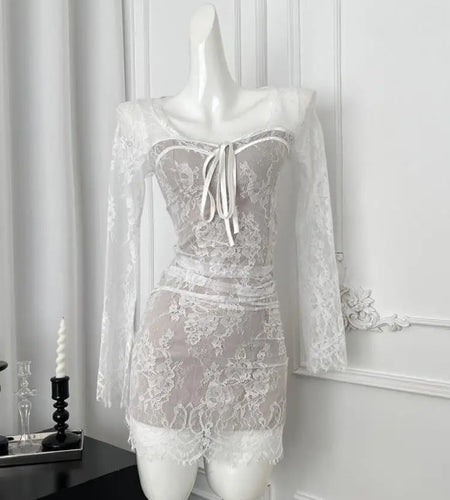 French Vintage Women's White Lace Long Sleeved Elegant Pleated Short Dress Autumn Winter Square Neck Bow Wrap Hip Mini Dress New