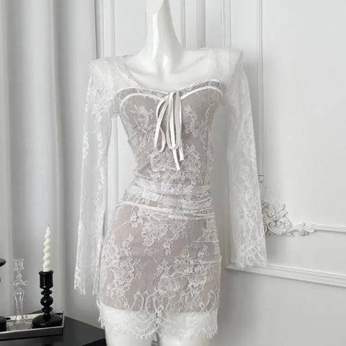 Load image into Gallery viewer, French Vintage Women's White Lace Long Sleeved Elegant Pleated Short Dress Autumn Winter Square Neck Bow Wrap Hip Mini Dress New
