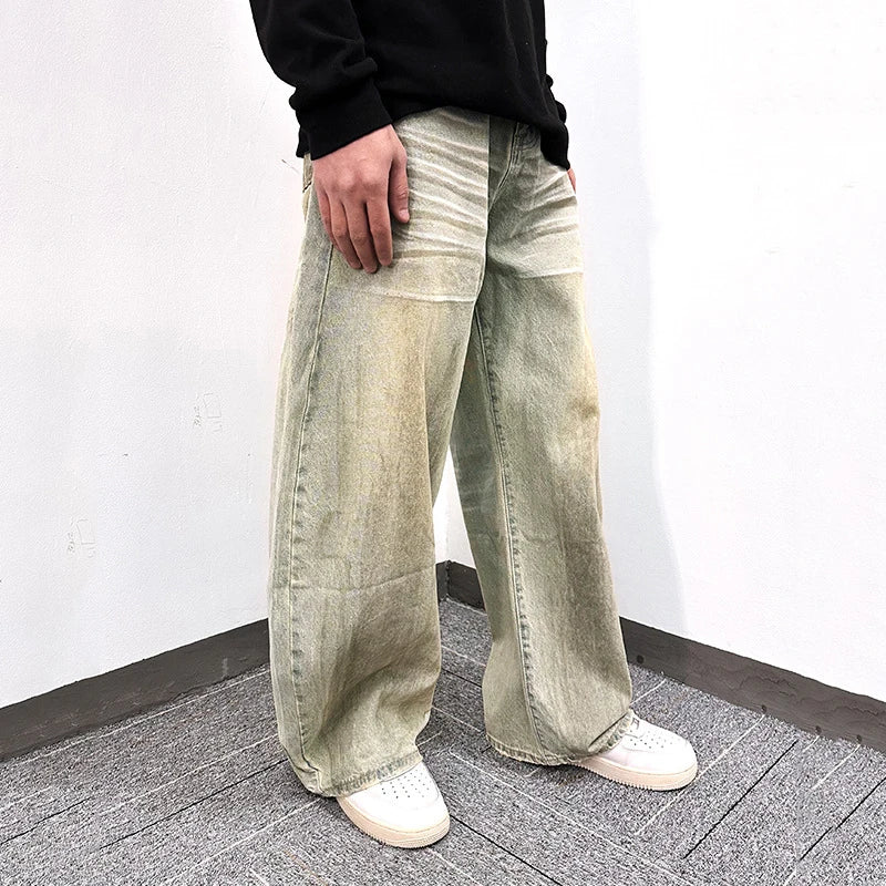 Men's Jeans New Casual Pants Curved Knife Style Washed Straight Wide Leg Trendy Worn-out Personaility Male Clothing 9W1858