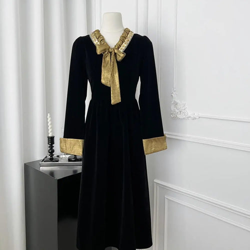 Load image into Gallery viewer, French Fashion Retro Women Black Velvet Patchwork V-neck Bow Slim Dress Autumn Winter Long Sleeved High Waist Pleated Dress Chic
