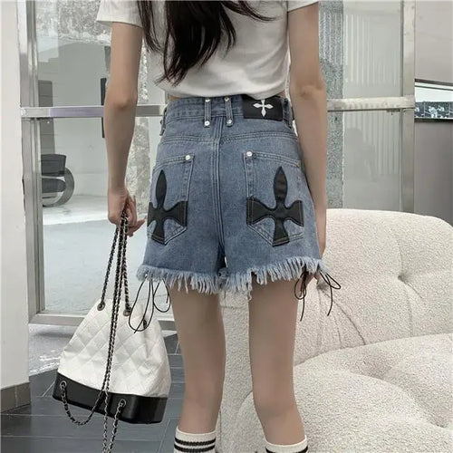 Load image into Gallery viewer, Bandage Tassel Jean Shorts Women&#39;s Clothing Streetwear Fashion Pantalones Cortos De Mujer High Waist Summer Y2k Wide Leg Pants
