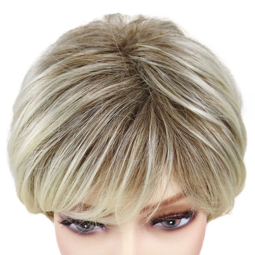 Load image into Gallery viewer, Synthetic Blonde Wigs for White Women Short Layered Pixie Cut Ombre Wig with Dark Root Side Part Bangs Wig Daily Party
