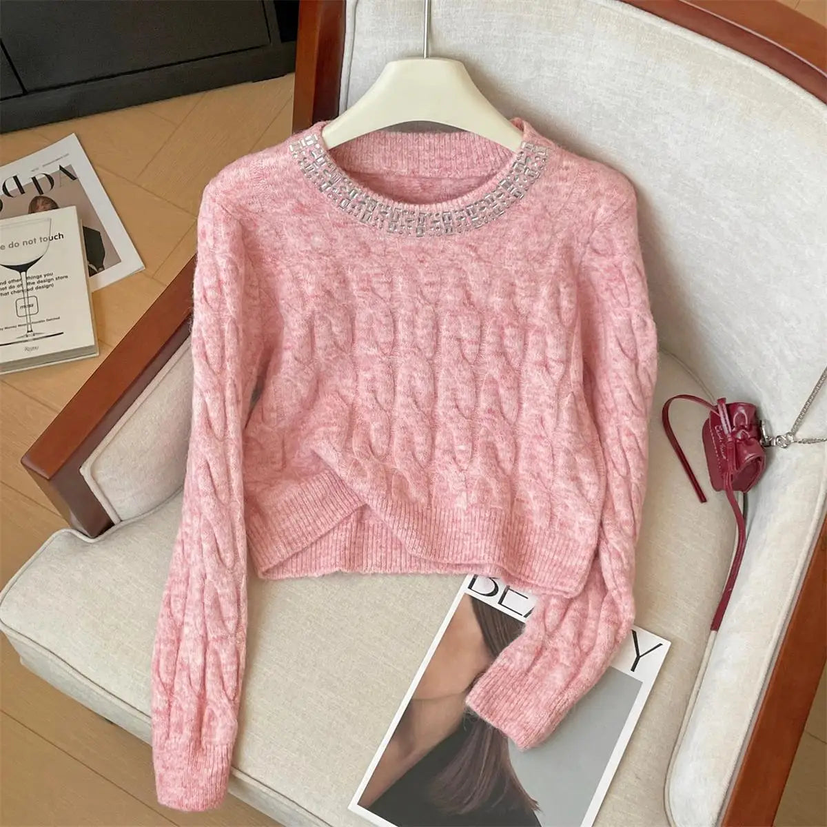 Autumn Winter Women Clothing Beige Pink Diamond Round Neck Short Pullover Sweater New Fashion Grey Long Sleeve Knitwear Top Chic