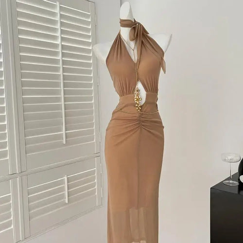 Load image into Gallery viewer, Women Brown High Waist Off Shoulder Hollow Out Backless Halter Long Dress Summer Sexy Elegant Sleeveless Party Evening Dress New
