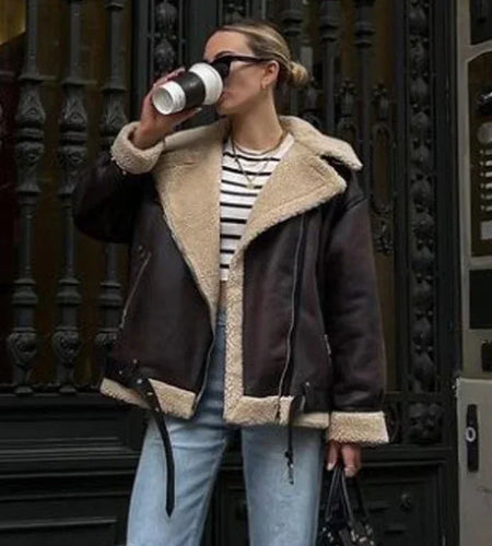 Fashion Winter Warm Faux Fur Jacket Women Long Sleeve Moto Biker Zipper Jackets Coat Female Autumn Casual Lapel coat
