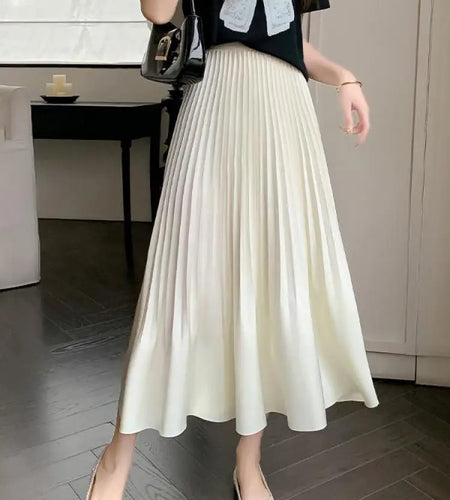 Spring Summer New Women Solid Office Elegant Long Skirt French Fashion High Waist Vacation Pleated Half Skirt Popular Streetwear