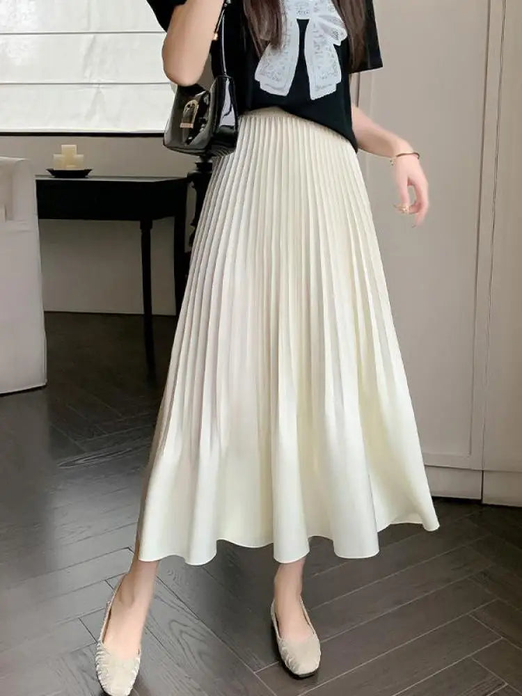 Spring Summer New Women Solid Office Elegant Long Skirt French Fashion High Waist Vacation Pleated Half Skirt Popular Streetwear