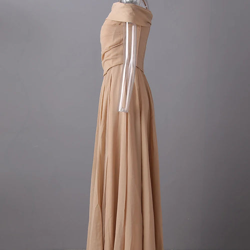 Load image into Gallery viewer, Women Khaki Pleated Slim Elegant Long Party Dress New Slash Neck Sleeveless Fashion Tide Spring Autumn 2025 CPG2992
