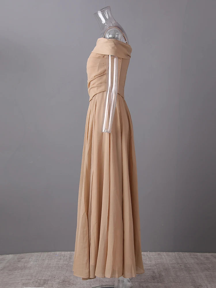 Women Khaki Pleated Slim Elegant Long Party Dress New Slash Neck Sleeveless Fashion Tide Spring Autumn 2025 CPG2992