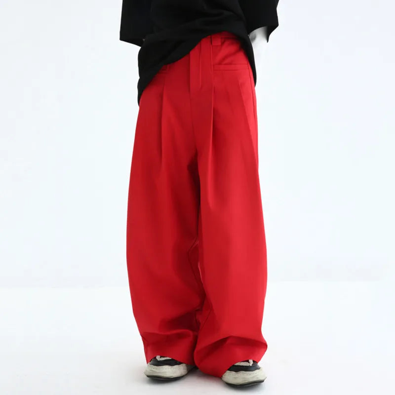 Summer Fold Design Pants Men Loose Straight Wide Leg Solid Color Trousers Casual Bottoms Trendy Male 28W3838