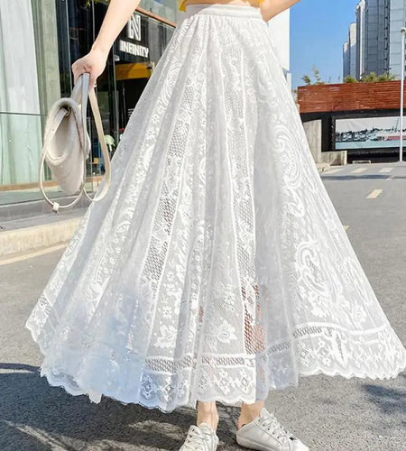 Spring Summer French Fashion Vintage Solid Lace Slim Long Skirt Women High Waist Elegant Party Pleated A-line Skirt New Clothing