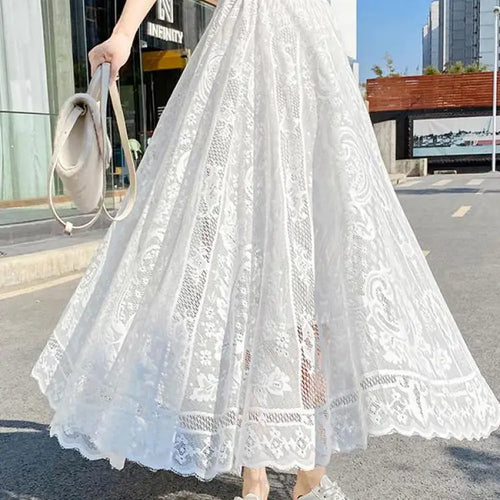 Load image into Gallery viewer, Spring Summer French Fashion Vintage Solid Lace Slim Long Skirt Women High Waist Elegant Party Pleated A-line Skirt New Clothing
