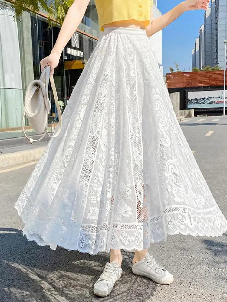 Spring Summer French Fashion Vintage Solid Lace Slim Long Skirt Women High Waist Elegant Party Pleated A-line Skirt New Clothing