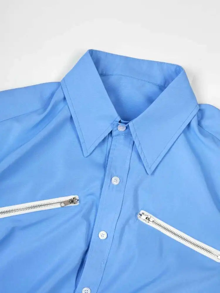 Women Blue Zipper Color-block Big Size Blouse New Lapel Long Sleeve Loose Fit Shirt Fashion Spring Autumn 2025 1DF8121