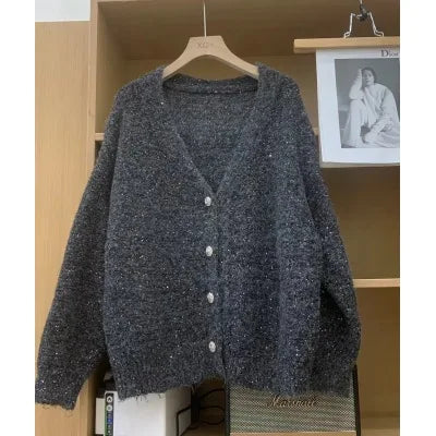 Load image into Gallery viewer, Women Gray Single Breasted Knitted Cardigan Loose Sweater 2024 Autumn Winter Holiday V Neck Long Sleeve Tops Casual Popular Chic
