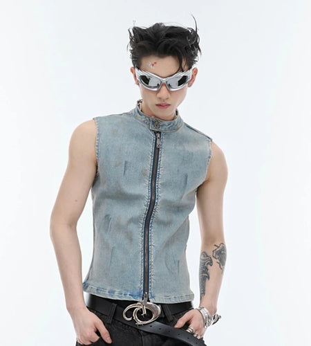 Summer Men Denim Vest Slim Fit Sleeveless Top High Street Zipper Stand Collar Casual Fashion Male Tops 24E1108