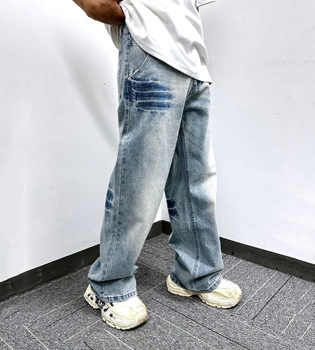 Men's  Jeans Washed Cracked Straight Leg Trendy New American Style Simple Casual Denim Pants Male Summer Bottoms 9W1745