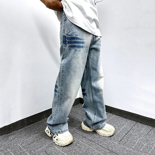 Load image into Gallery viewer, Men's  Jeans Washed Cracked Straight Leg Trendy New American Style Simple Casual Denim Pants Male Summer Bottoms 9W1745
