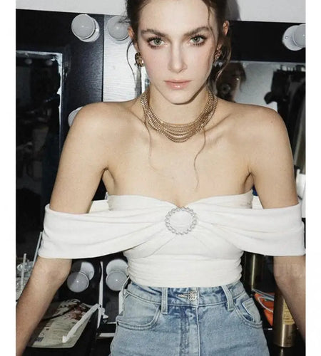 White Elegant Y2k Off Shoulder Pearl Cropped Top Women Black Sleeveless Backless Sexy Club Strapless 2024 Summer Pleated Tops