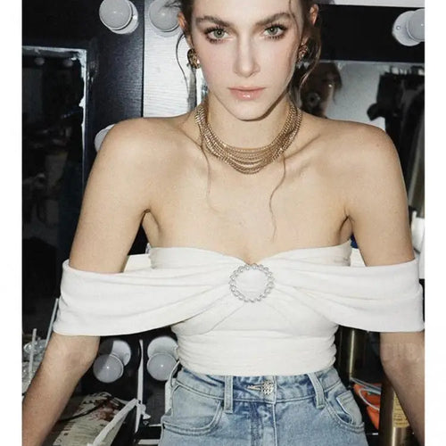 Load image into Gallery viewer, White Elegant Y2k Off Shoulder Pearl Cropped Top Women Black Sleeveless Backless Sexy Club Strapless 2024 Summer Pleated Tops
