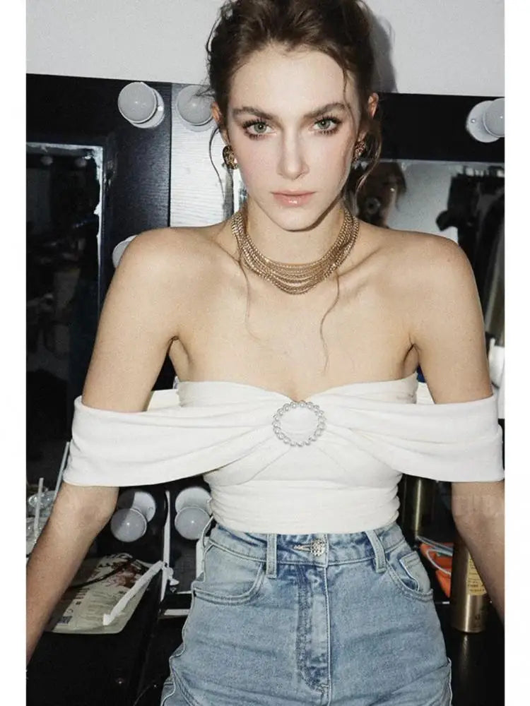 White Elegant Y2k Off Shoulder Pearl Cropped Top Women Black Sleeveless Backless Sexy Club Strapless 2024 Summer Pleated Tops