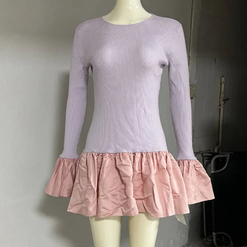 Load image into Gallery viewer, Long Flare Sleeve Knitted Sexy Mini Dress For Women Autumn Winter New Patchwork O Neck A-line Knit Puffy Dress Elegant
