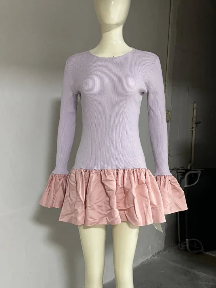 Long Flare Sleeve Knitted Sexy Mini Dress For Women Autumn Winter New Patchwork O Neck A-line Knit Puffy Dress Elegant