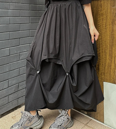 High Elastic Waist Black Button Irregular Pleated A-line Half-body Skirt Women Fashion Tide New Spring Autumn 2025 1DJ1296