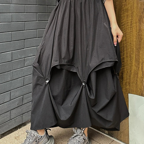 Load image into Gallery viewer, High Elastic Waist Black Button Irregular Pleated A-line Half-body Skirt Women Fashion Tide New Spring Autumn 2025 1DJ1296
